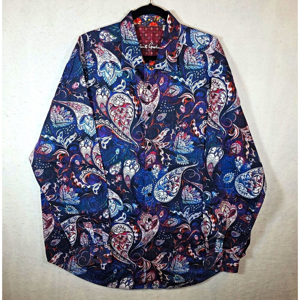 Robert Graham Men's 2XLT Big & Tall Blue Paisley Cotton Woven Button-Up Shirt
